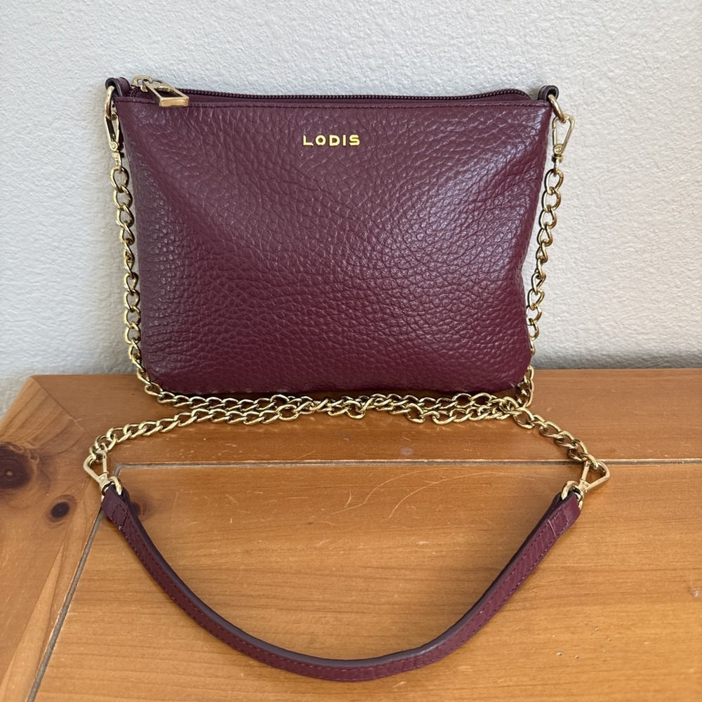 LODIS Burgundy Genuine Pebble Leather Crossbody Bag‎ Gold/ Leather Chain Strap